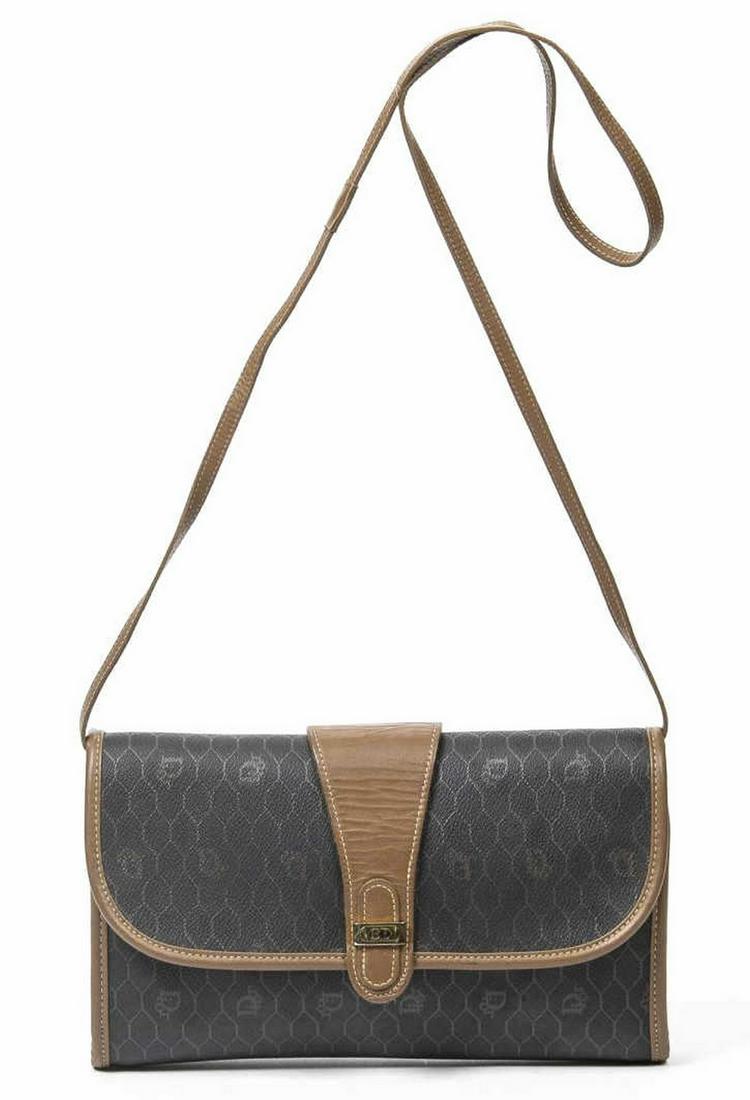 VINTAGE DIOR HONEYCOMB CANVAS CROSSBODY BAG: Vintage Christian Dior crossbody bag, in black and brown honeycomb printed coated canvas, with gold-tone hardware, brown leather trim, single flat shoulder strap, single slip pocket at interior wall, 