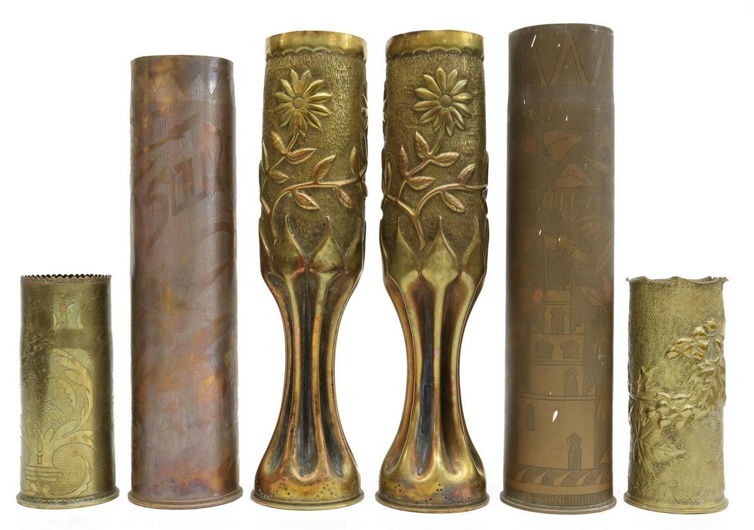 (6) WWI-ERA TRENCH ART ARTILLERY SHELL VASES: (lot of 6) WWI-era trench art vases, fashioned from artillery shells, (one) 1911, (one) 1912; largest: approx 13.75"h, 3"diam; 13.5lbs Start Price: $100.00