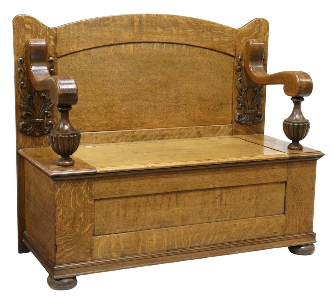 AMERICAN LATE VICTORIAN QUARTERSAWN OAK HALL BENCH (1 of 5)