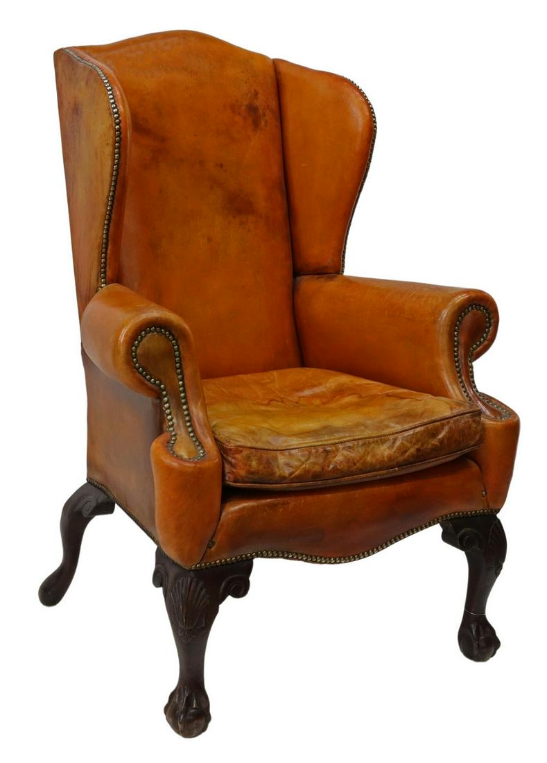 CHIPPENDALE STYLE LEATHER WINGBACK ARMCHAIR (1 of 3)
