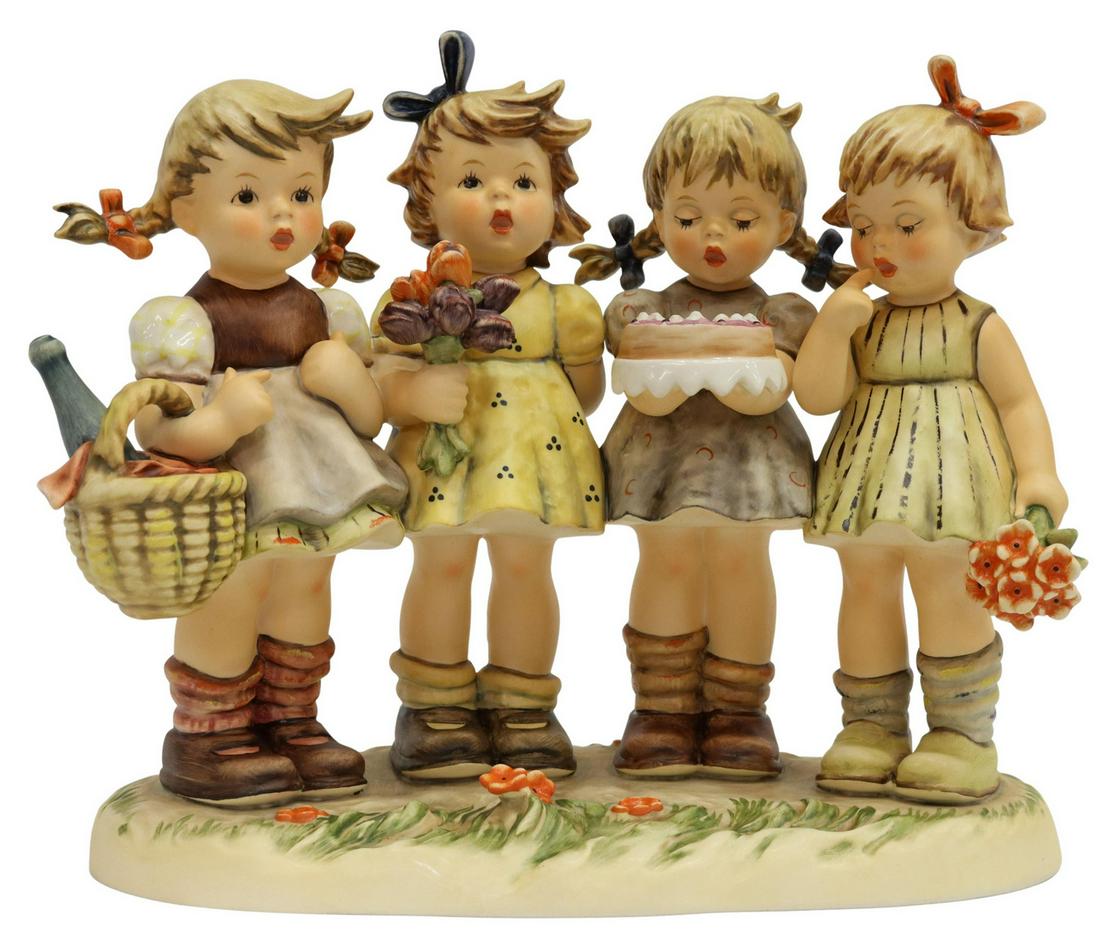 HUMMEL WE WISH YOU THE BEST 600 FIGURAL GROUP: Hummel porcelain figural group, We Wish You The Best, 600, M.J. Hummel Century Collection, signed underfoot by master painter F???t Fefand, November 2003, TMK-7, approx 8.25"h, 9.5"w, 4 5/8"d, 2lbs St