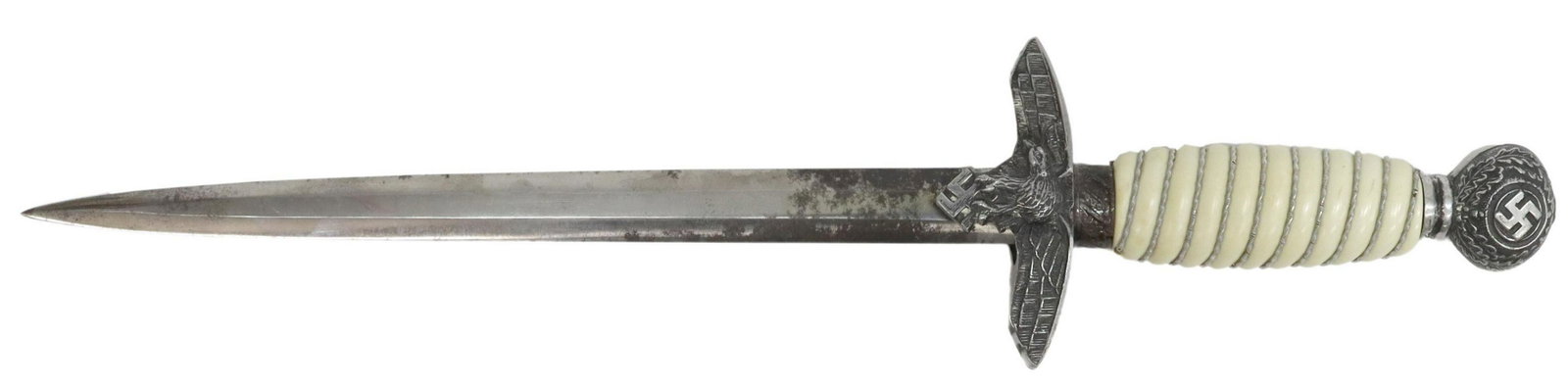 WWII NAZI LUFTWAFFE OFFICER'S DAGGER: Nazi Germany Luftwaffe Officer's dagger, 10" double side blade, the guard with a wing furled eagle clutching the Nazi swastika, the white bakelite grip with twist silver wire wrapping, the pommel with