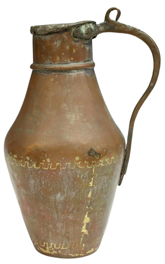 FRENCH COPPER WINE JUG, 19TH C.: French copper wine jug, 19th c., dovetailed construction, with forged iron handle, approx 16"h,10"w, 7.5"d, 5.5lbs Start Price: $80.00