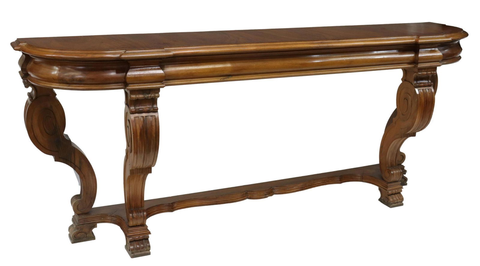LARGE NEOCLASSICAL WALNUT CONSOLE HALL TABLE, 90"L (1 of 4)