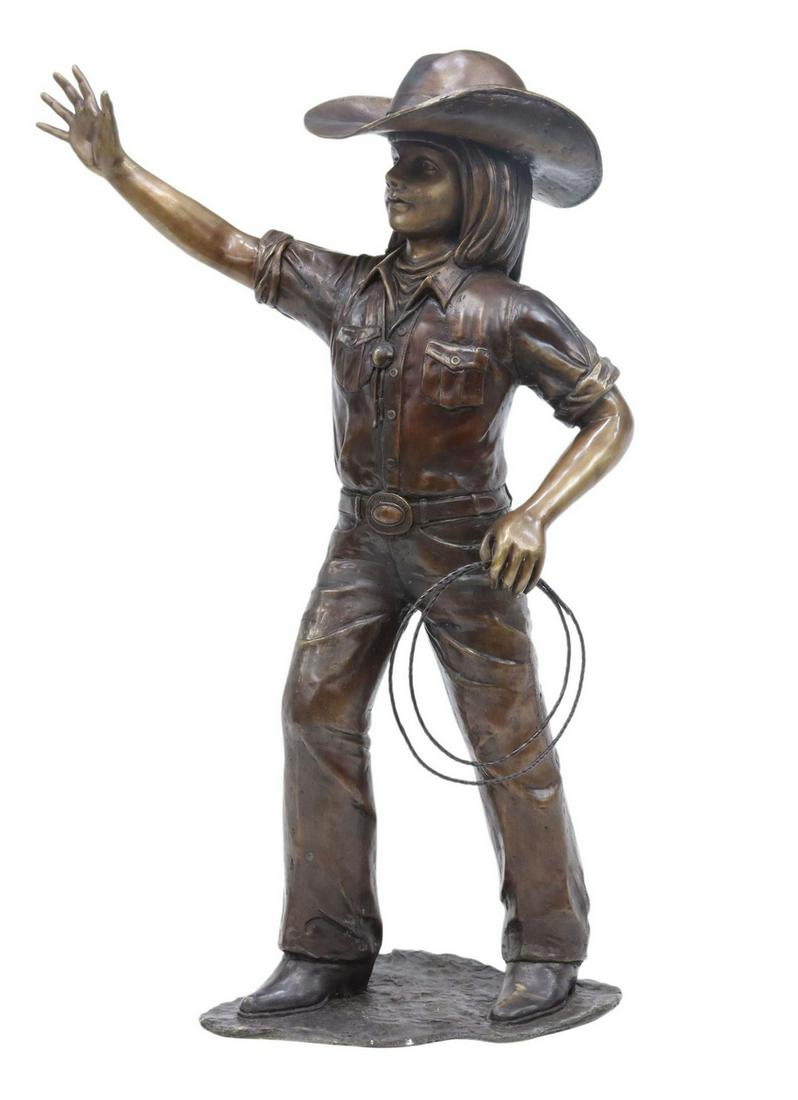 LARGE PATINATED BRONZE SCULPTURE COWGIRL & LASSO (1 of 5)