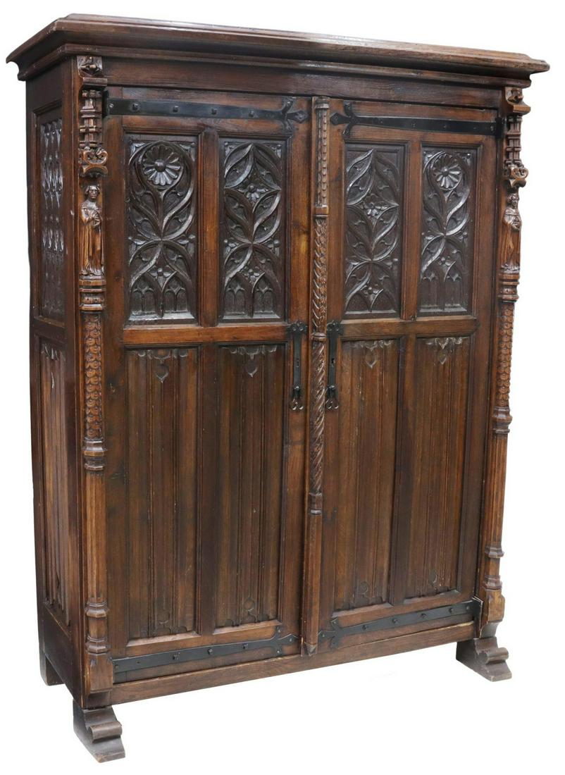 FRENCH GOTHIC REVIVAL CARVED OAK TWO-DOOR CUPBOARD (1 of 4)