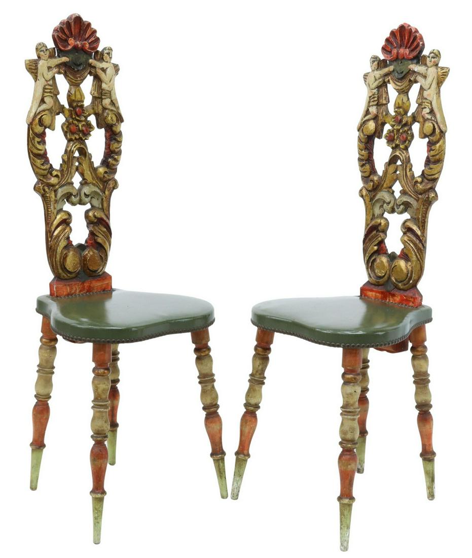 (2) POLYCHROME PAINTED & CARVED HALL CHAIRS (1 of 3)