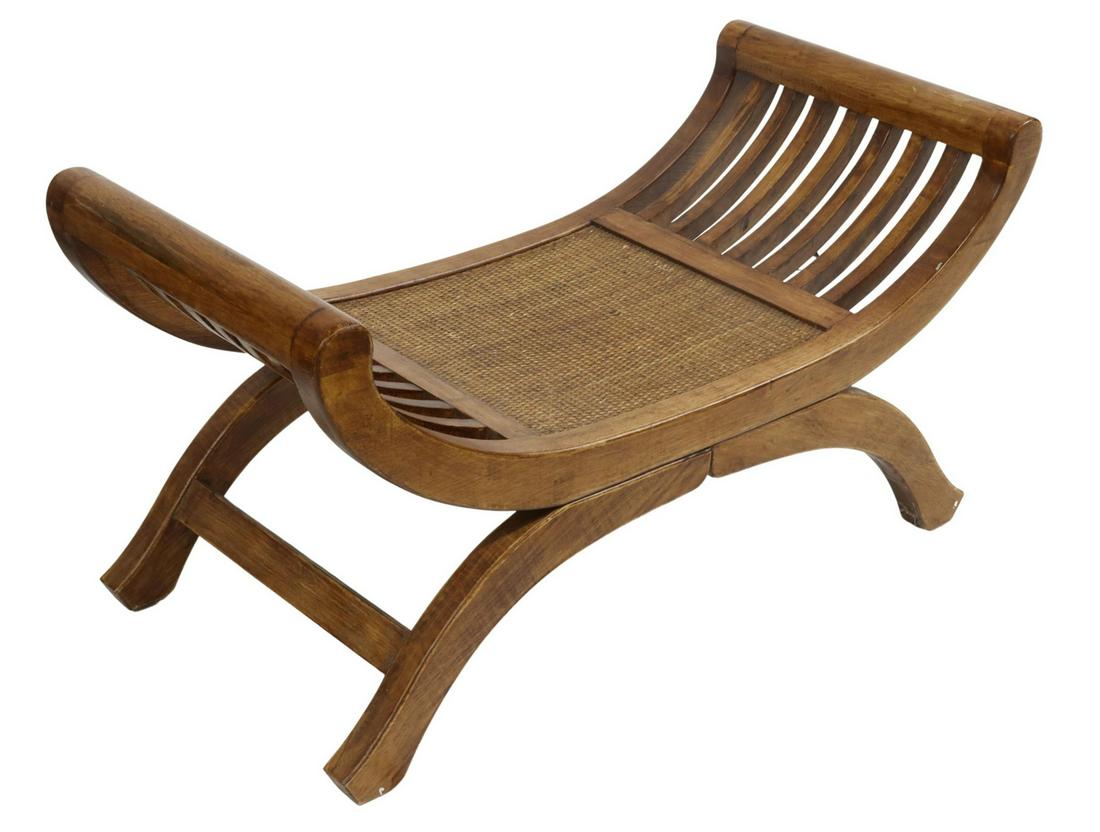 VINTAGE LOW RATTAN-SEAT TEAK CURULE STOOL (1 of 3)