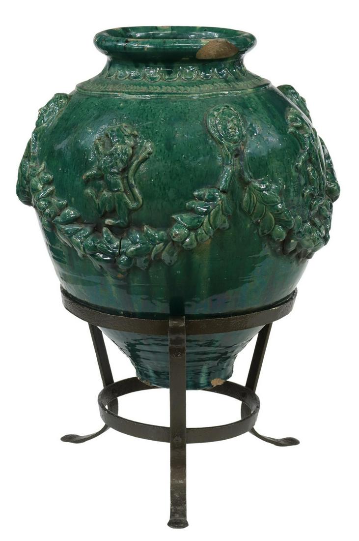GREEN GLAZED EARTHENWARE PLANTER ON IRON STAND (1 of 3)