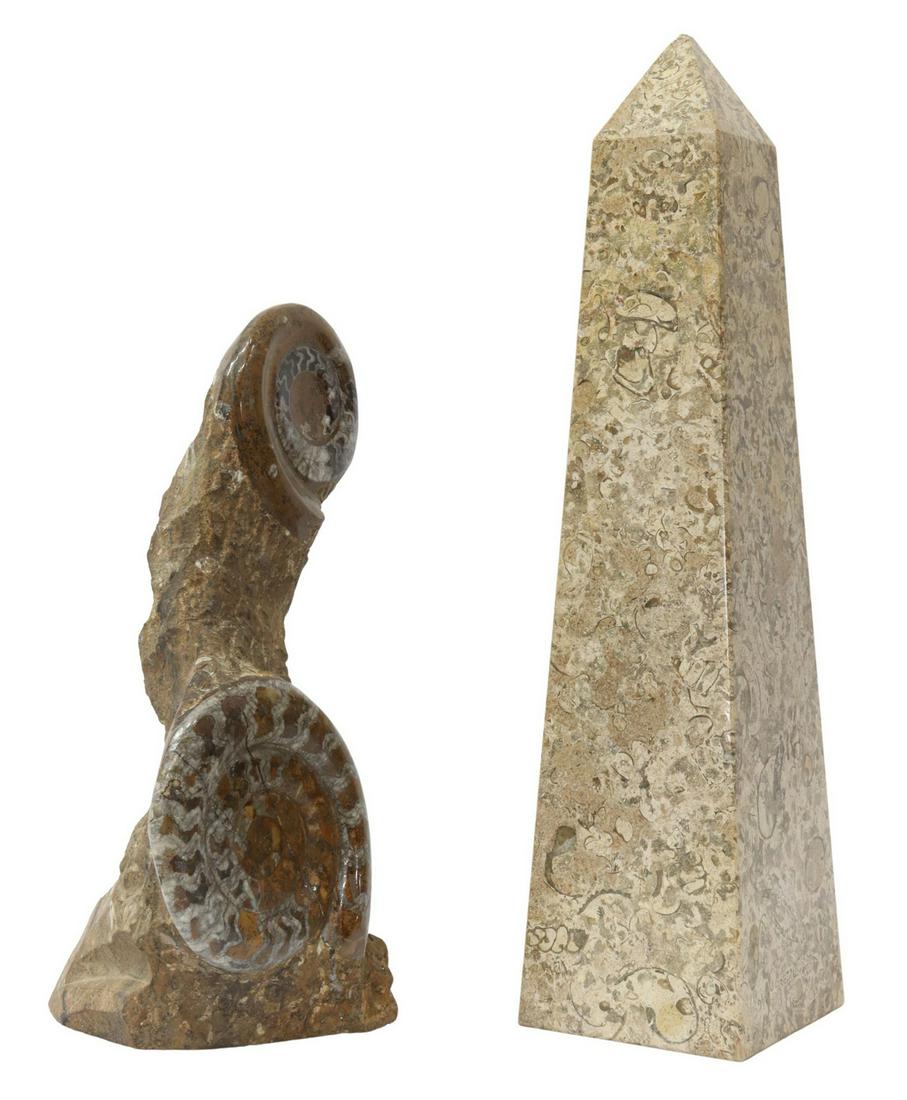 (2) SCULPTURES: AMMONITE FOSSIL & GRANITE OBELISK (1 of 4)