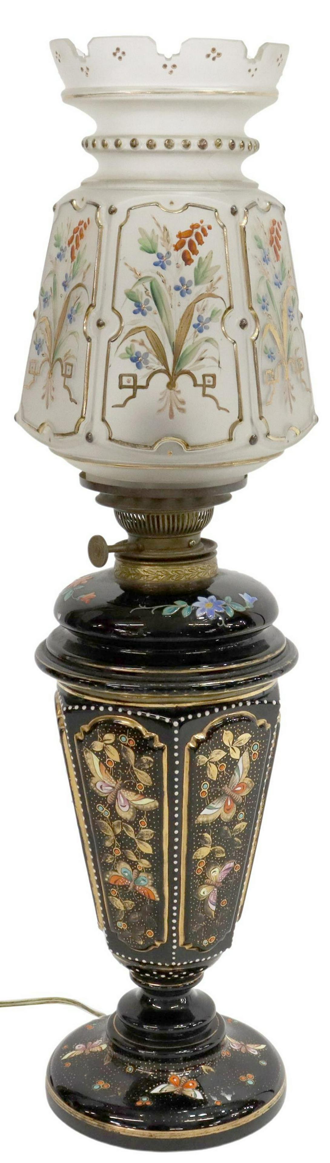 ENAMELED BLACK GLASS BUTTERFLY CONVERTED OIL LAMP (1 of 5)