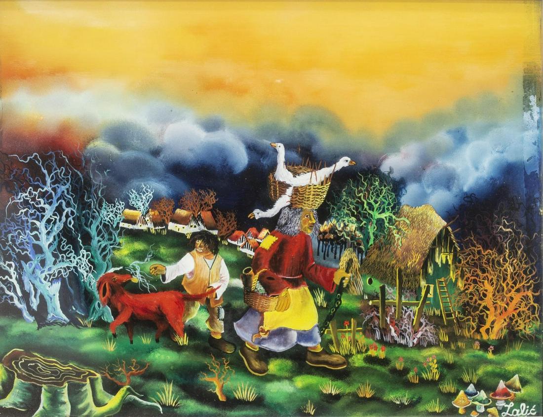 SIGNED REVERSE PAINTING ON GLASS FARM YARD (1 of 4)