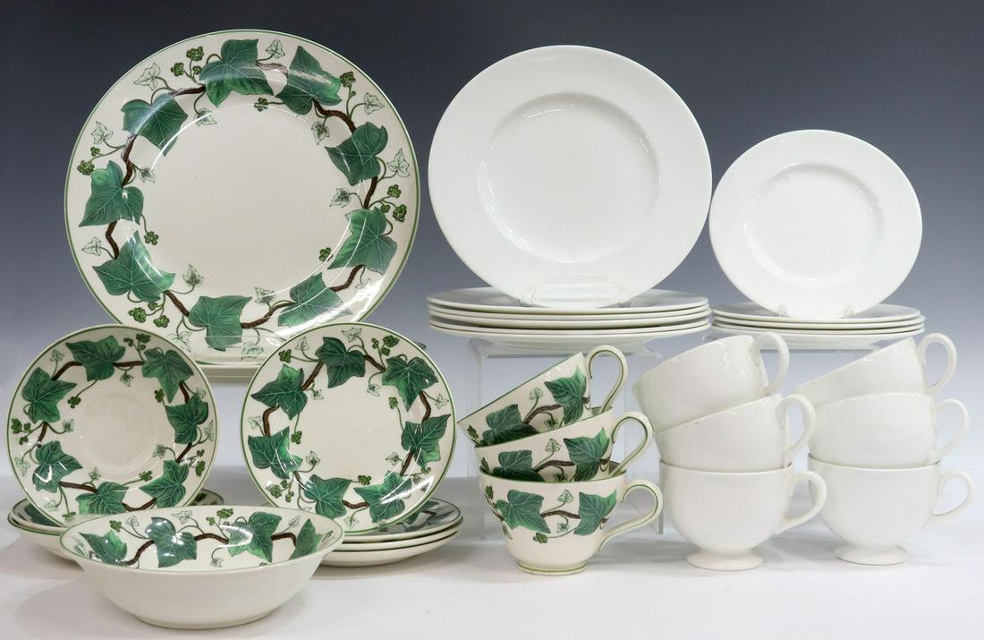 (30) WEDGWOOD NAPOLEON IVY & BONE CHINA TABLEWARE: (lot of 30) English Wedgwood tableware, assembled, including: (13 pieces) creamware, in the "Napoleon Ivy" pattern, comprising (two) dinner plates, 10 3/8"diam, (one) coupe bowl, 6 3/8"diam, (four) br