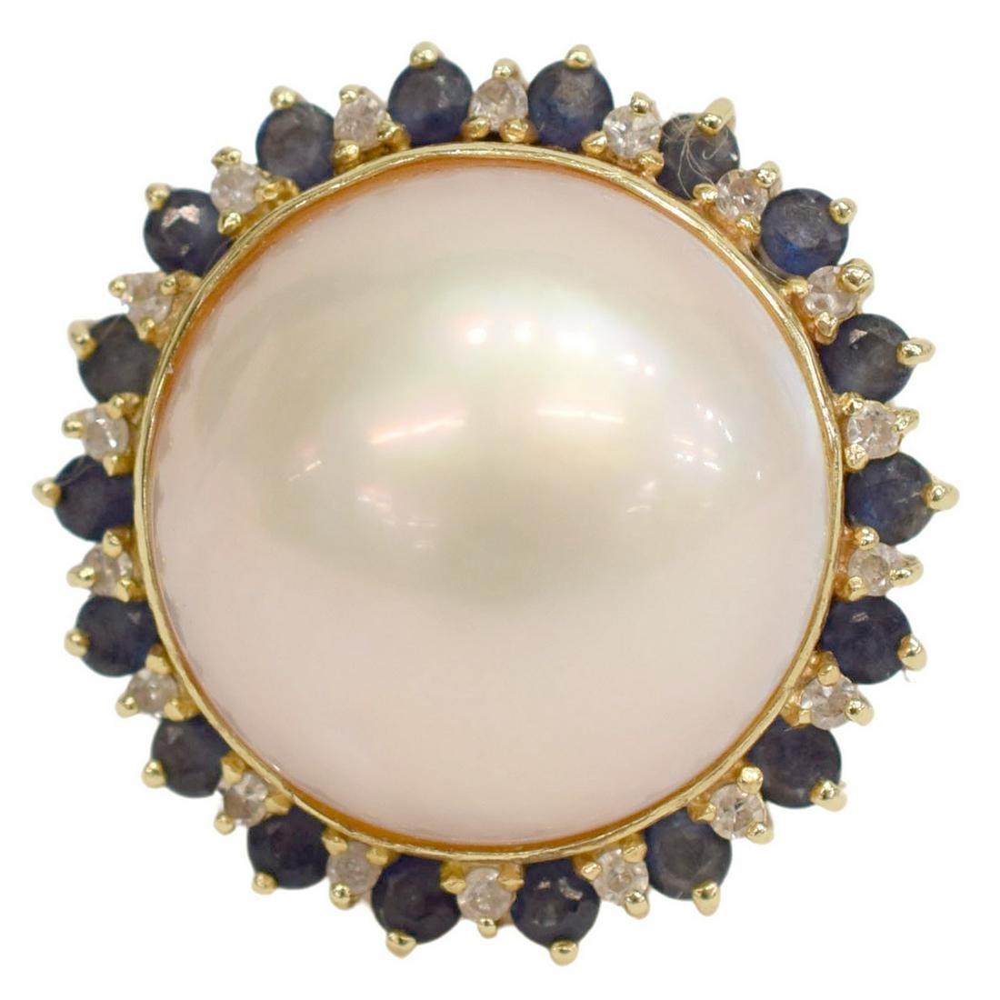 ESTATE 14KT, MABE PEARL, DIAMOND & SAPPHIRE RING (1 of 5)