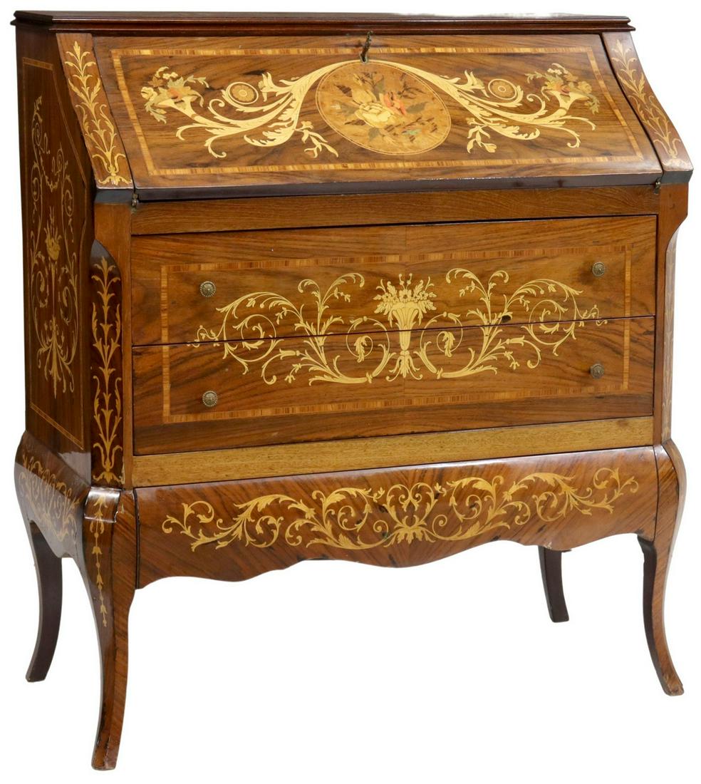 ITALIAN FLORAL MARQUETRY SLANT FRONT WRITING DESK: Italian floral marquetry writing desk, 20th c., a slant front opening to the writing surface and gallery, two lower exterior drawers, all rising on cabriole supports, approx 40"h, 36.5"w, 17.5"d Start