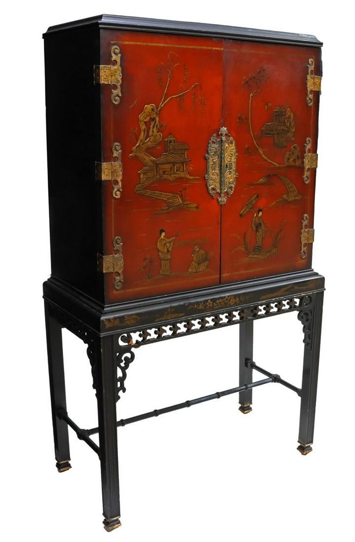 CHINOISERIE RED LACQUERED CABINET ON STAND (1 of 5)