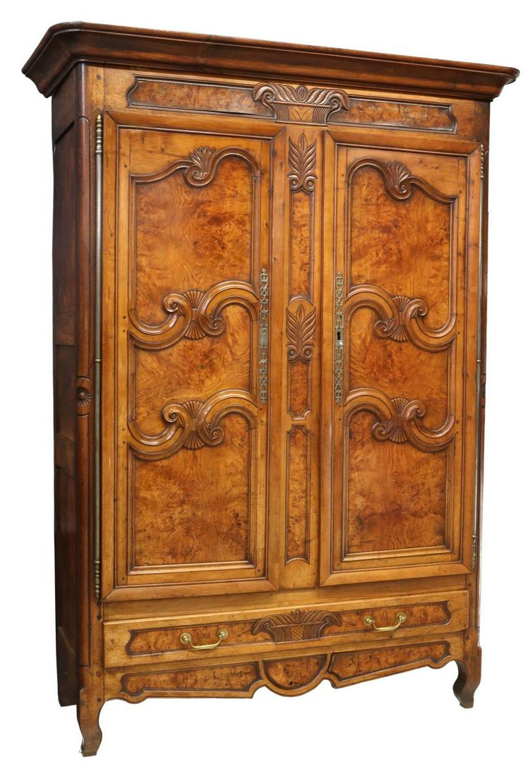 FRENCH PROVINCIAL LOUIS XV STYLE BURL ELM ARMOIRE (1 of 5)
