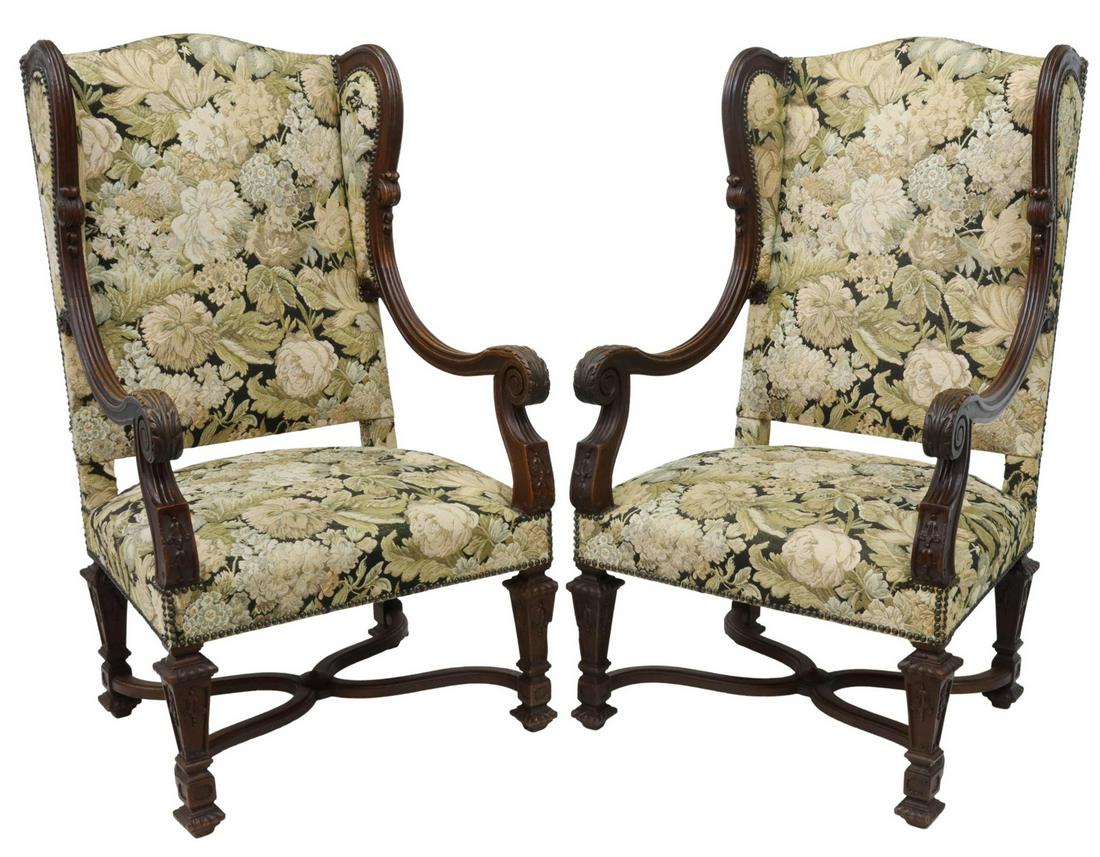 (2) FRENCH LOUIS XIV STYLE OAK WINGBACK FAUTEUILS (1 of 3)