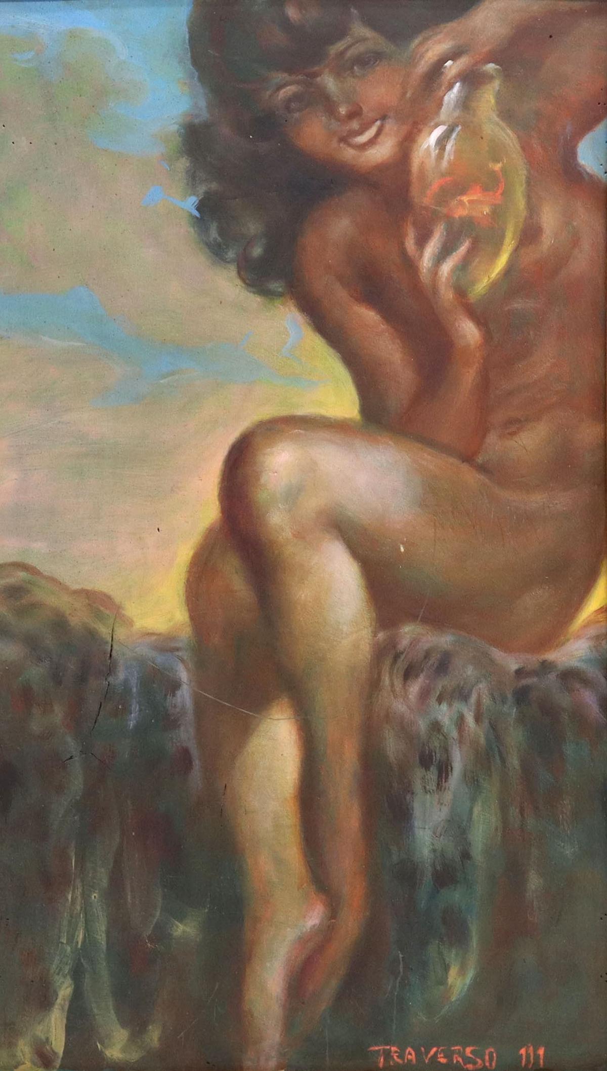 MATTIA TRAVERSO (1885-1956) FEMALE NUDE PAINTING: Framed oil on panel painting, Nudo Femminile con Pesci Rossi (Female Nude with Goldfish), signed lower right Traverso (Mattia Traverso, Italian, 1885-1956), split to panel, sight: 23"h, 13.25"w, overa