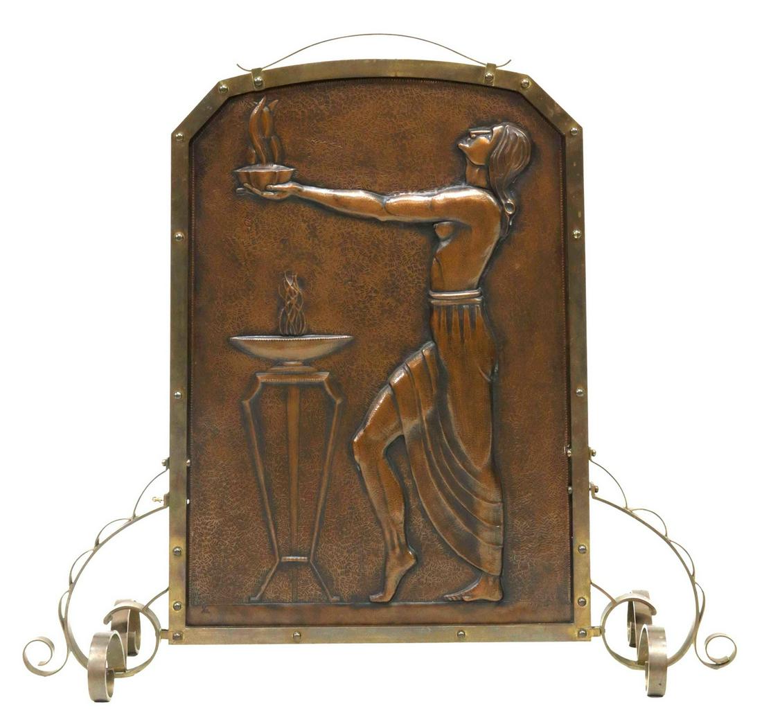 FRENCH ART DECO BAS RELIEF COPPER FIREPLACE SCREEN (1 of 2)