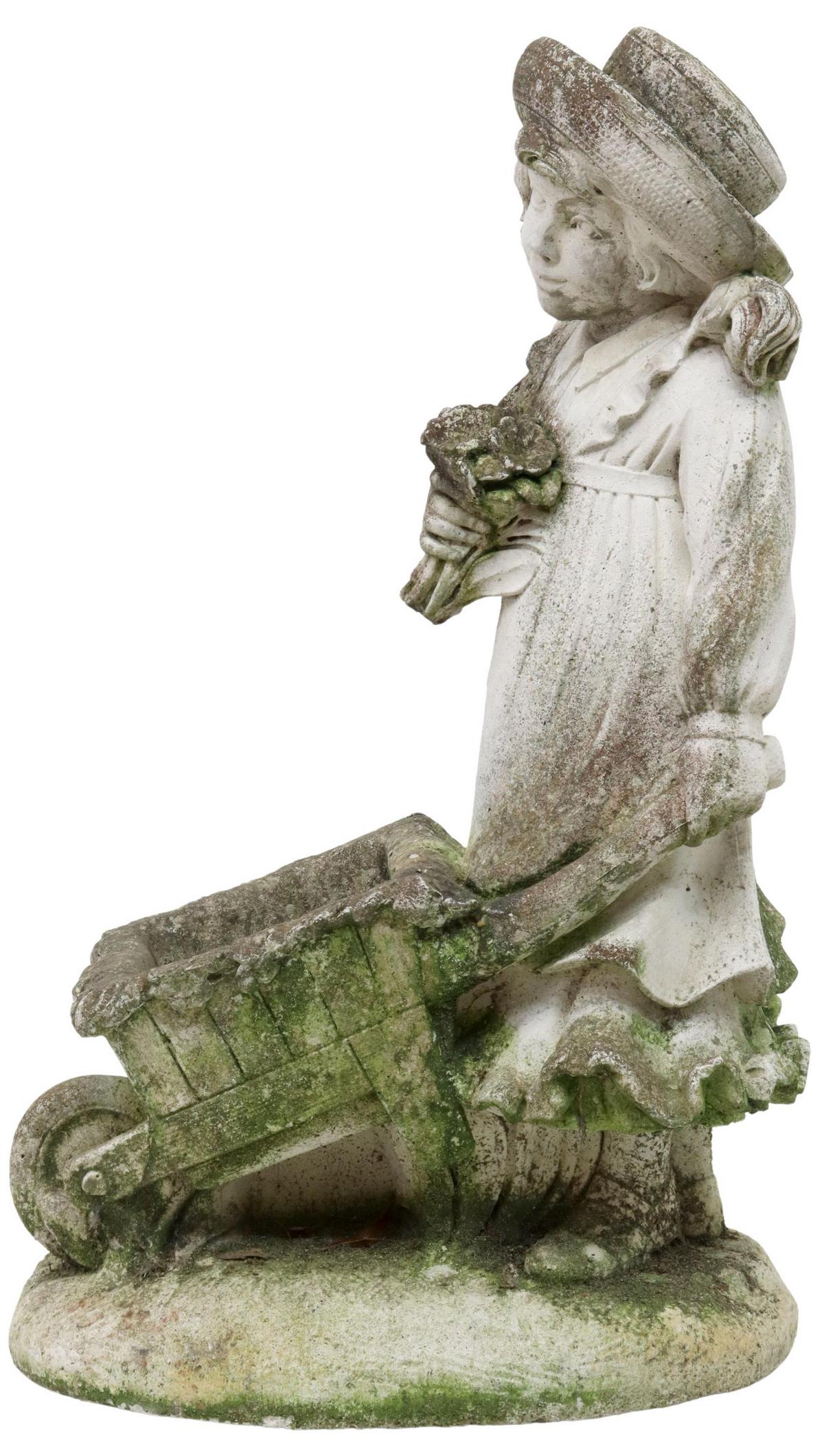 CAST CONCRETE GARDEN SCULPTURE GIRL & WHEELBARROW (1 of 2)