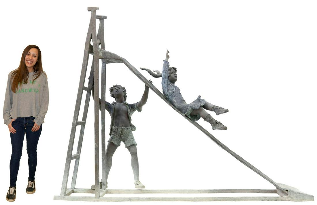 LIFE-SIZE BRONZE GARDEN SCULPTURE BOY & GIRL SLIDE (1 of 3)