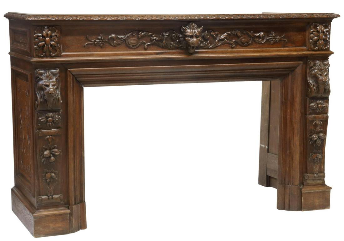 FRENCH CARVED OAK FIREPLACE MANTEL SURROUND (1 of 5)