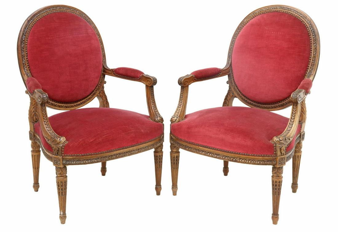 2) FRENCH LOUIS XVI STYLE MEDALLION-BACK FAUTEUILS: (pair) French Louis XVI style armchairs, late 19th c., carved frame with beaded and acanthus molding, upholstered medallion back and seat, with tack trim, rising on tapered fluted legs, approx 38.25"h
