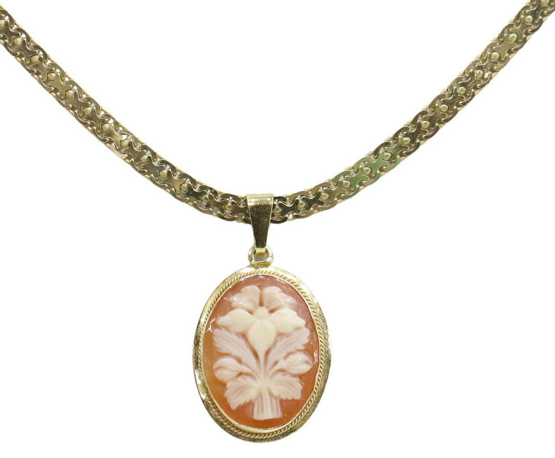 ESTATE 14KT GOLD CHAIN & 18KT CAMEO SHELL PENDANT (1 of 6)
