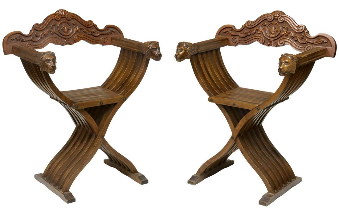(2) ITALIAN SAVONAROLA SLATTED CURULE ARMCHAIRS (1 of 4)