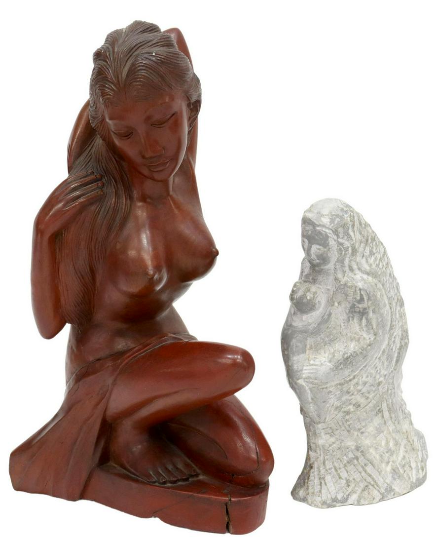 (2) CARVED STONE & WOOD FEMALE FIGURAL SCULPTURES: (lot of 2) Carved female figural sculptures, 20th c., comprising: (1) marble, Madonna and Child, signed Stelvio Pestelli (Italian, b.1923), approx 9.5"h, 3.75"w, 5.5"d; (1) Indonesian mahogany finish 