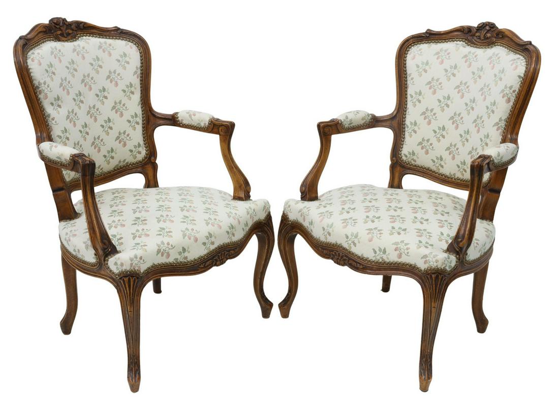 (2) FRENCH LOUIS XV STYLE UPHOLSTERED FAUTEUILS (1 of 3)