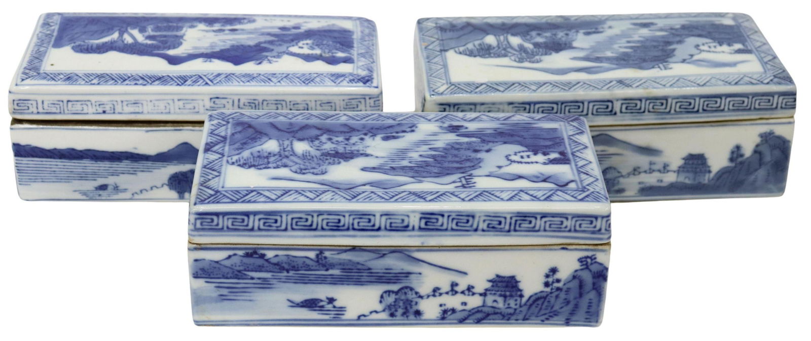 (3) CHINESE BLUE & WHITE PORCELAIN BRUSH BOXES (1 of 7)