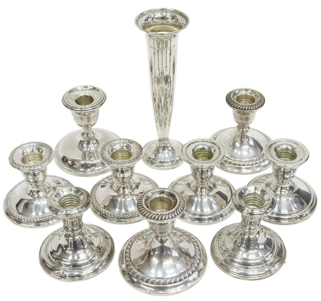 (10) WEIGHTED STERLING CANDLEHOLDERS & BUD VASE (1 of 7)