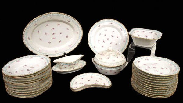 FINE KPM ROYAL PORCELAIN DINNER SERVICE: (lot of 30) Royal Porcelain of Berlin (KPM) dinner service in a white with pale blue trim and pink floral motif, gilt running ornaments, comprising: (1) platter, 16.5"l, 13"w; (1) service plate, 13"d;