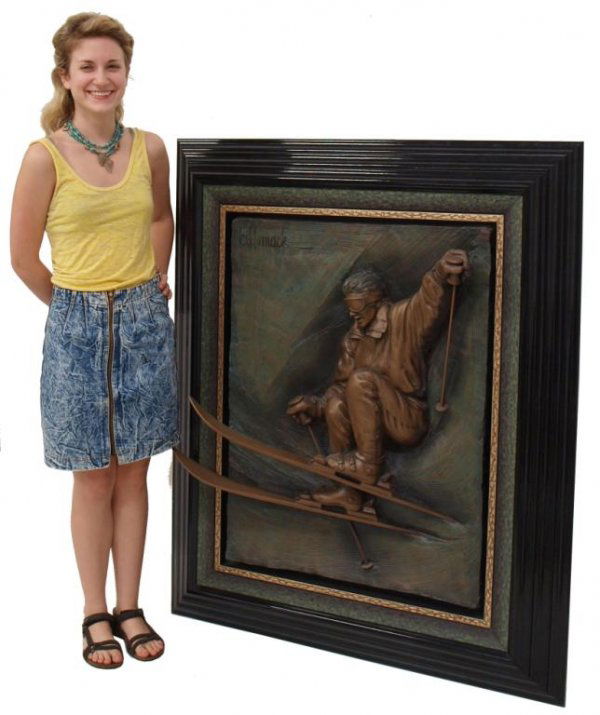 (5) SCULPTURE, "A CLASSIC SKIER", BILL MACK & BOOK: (lot of 5) Bill Mack art: (1) Large Framed, relief bonded bronze sculpture, "A Classic Skier", signed upper left Bill Mack (Minnesota, b. 1949), signed on reverse "AP (artist proof) 1/10" and "To Lloy