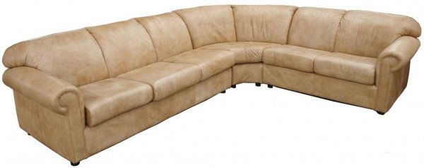LARGE THREE PIECE MODERN LEATHER SECTIONAL SOFA: (3 piece) Leather sectional sofa, "Leather Center", light brown in a chamois like finish, one section 32"h, 78"w, 34"d, one section 32"h, 52.5"w,34"d, curved section 32"h, 64"w, 34"d