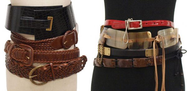 (8) DESIGNER & VINTAGE BELTS, SUZIE ROHER: (lot of 8) Designer and vintage ladies belts, comprising: (1) Suzie Roher leather and elastic belt, embossed alligator print, size medium; (2) DKNY leather belts, size small one black, one patent red;