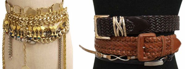 (12) DESIGNER AND VINTAGE CHAIN, LEATHER BELTS: (lot of 12) Designer and vintage belts comprising: (3) silver chain belts, one DKNY, longest 41"l; (5) unusual gold tone belts, one with American coin medallions, one with coin dangle, one with multic