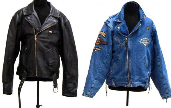 (2) MENS HARLEY DAVIDSON MOTORCYCLE JACKETS: (lot of 2) Harley Davidson men's motorcycle jackets, comprising: (1) black leather, size large, adjustable waist belt, embossed Harley Davidson eagle emblem at back surrounded by a circle of studs; (1