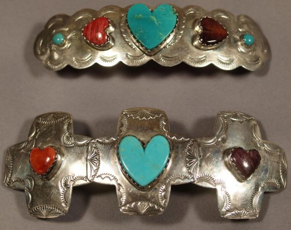 JOAN SLIFKA STERLING SILVER & TURQUOISE HAIR CLIPS: (lot of 2) Joan Slifka Designs sterling silver fashion barrettes set with turquoise and other stones, each of varied design with a common 'heart' motif, clips 'Made in France', 61 grams tw