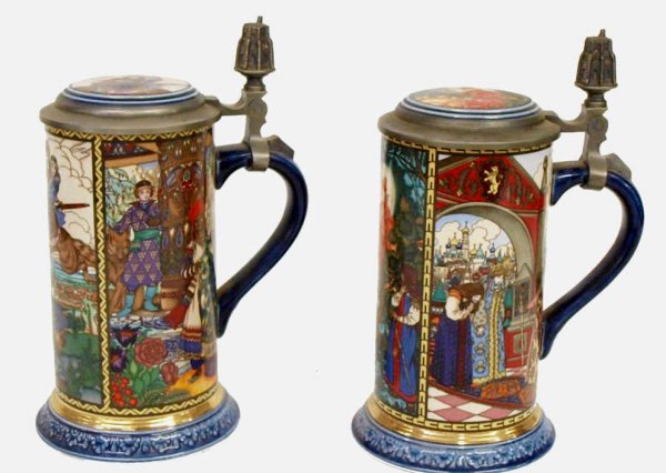 (2) VINTAGE METTLACH RUSSIAN FAIRY TALE STEINS: (lot of 2) Mettlach parcel gilt porcelain 'Russian Fairy Tales' steins, (1) numbered 1528 with scenes of a royal wedding, Ivan on the Grey Wolf, and 'In Search of the Firebird; (1) numbered 1527, "The