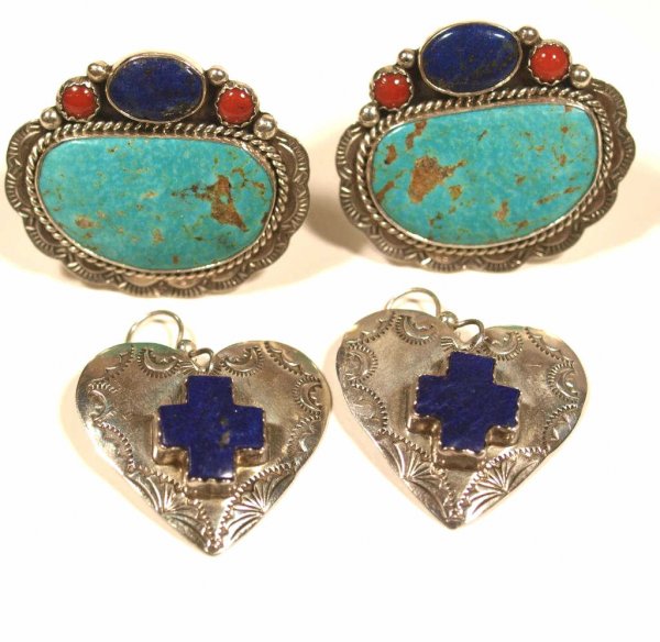 JEWELRY: JOAN SLIFKA STERLING & TURQUOISE EARRINGS: (2 pair) Joan Slifka Designs sterling silver earrings: (1) pair of clip on earrings fashioned in the Southwest style and set with turquoise, coral, and lapis, impressed, signed, and dated 7/96; (1pr) 