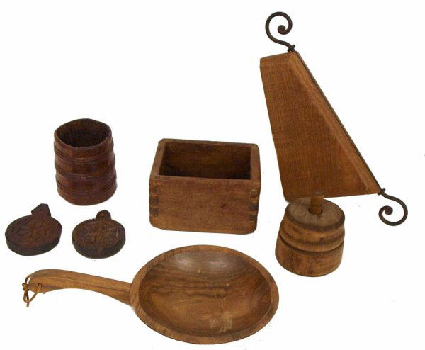 COLLECTION, ANTIQUE WOOD AND IRON OBJECTS: (lot of 7) Wood and iron decorative objects comprising: (1) iron and wood hanger, (1) dovetailed wooden box, (1) decorative wood pan, (1) wooden water pot, (1) smal churn, (2) carved wood medallions;