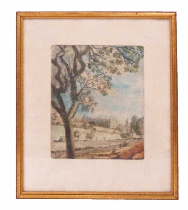 HAND COLORED ETCHING MIRAFLORES, BURGOS, SPAIN: Framed etching, hand colored, 20th century, depicting an early view of the Carthusian Monastery of Santa Maria de Miraflores, near Burgos, Spain, founded in 1441, likely produced by the Carthusian ord