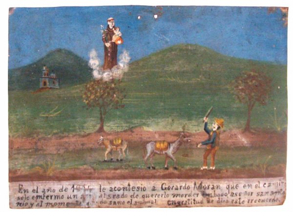 ANTIQUE RELIGIOUS RETABLO, SAN ANTONIO, MEXICO: Retablo, oil on tin, Mexico, 19th c., depicting San Antonio/St. Anthony appearing in pastoral scene, 9"w, 6.5", 0.25lbs