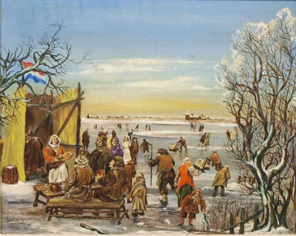 PAINTING, WINTER ON ICE, IVAN BUIKS COOK: Framed oil painting, Winter on Ice, by Ivan Buiks (sp) Cook, signed lower left, sight 15.25"h, 19.25"w, overall 24"h, 28"w, 3"d, 9lbs