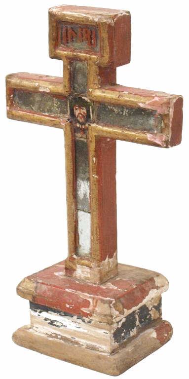 ANTIQUE RELIGIOUS PAINTED WOOD & MIRRORED CROSS: Carved wood polychrome decorated cross inlaid with mirrors, Mexico, 19th c., 15.5"h, 6"w, 3.25"d,1lb