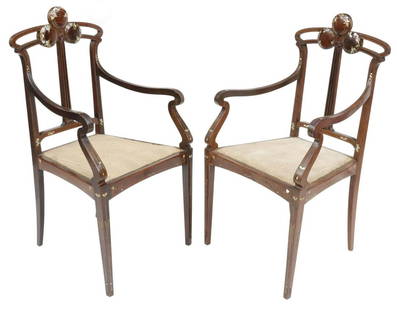 (2) ITALIAN ART NOUVEAU MOP INLAID ROSEWOOD CHAIRS: (pair) Italian Art Nouveau (Stile Floreale) rosewood chairs, attributed to Carlo Zen (Italian, 1851-1918) and Piero Zen (Italian, 1879-1950), Milan, c.1905, with brass and mother of pearl inlay, styli