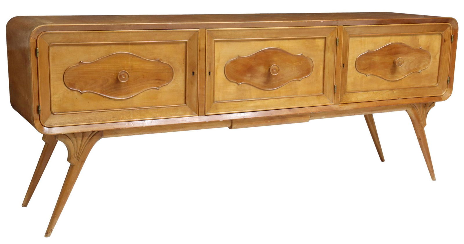ITALIAN MID-CENTURY MODERN FRUITWOOD SIDEBOARD: Italian mid-century fruitwood sideboard, A. Brizzolara & Figli, Chiavari, c.1950s, rectangular case with radiused ends, three cabinet doors, rising on angled tapered legs, lacking interior shelves, ap